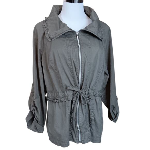 SANDRO Lightweight Jacket XL Khaki Green Zip Tie Waist Roll Tab Casual Outdoors - Picture 1 of 10